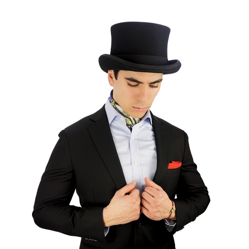 Black Pure 100% Wool Top Hat Classic Styling with Flat Crown and Distinctive Brim, Perfect for Weddings, Races, and Formal Events zdjęcie 3
