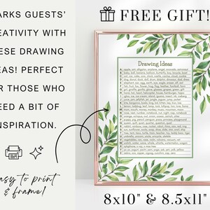May include: A printable drawing ideas chart with a green leafy border. The chart features a list of drawing ideas for each letter of the alphabet. The chart is 8x10 inches and 8.5x11 inches.