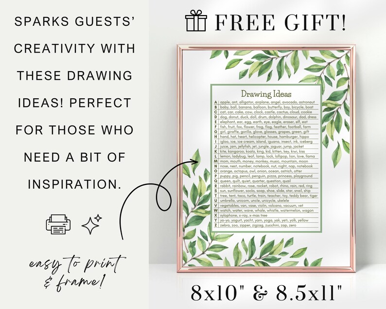 May include: A printable drawing ideas chart with a green leafy border. The chart features a list of drawing ideas for each letter of the alphabet. The chart is 8x10 inches and 8.5x11 inches.