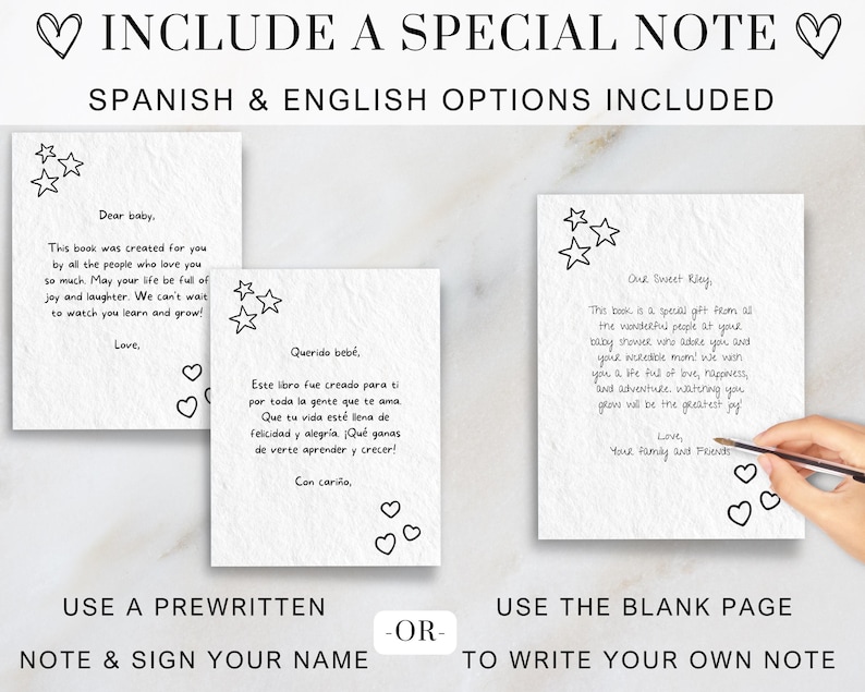Pu&ograve; includere: Due carte vuote con note scritte a mano in inglese e spagnolo. Le carte sono decorate con stelle e cuori. Il testo sulle carte recita "Dear baby, This book was created for you by all the people who love you so much. May your life be full of joy and laughter. We can't wait to watch you learn and grow! Love," e "Querido beb&eacute;, Este libro fue creado para ti por toda la gente que te ama. Que tu vida est&eacute; llena de felicidad y alegr&iacute;a. &iexcl;Qu&eacute; ganas de verte aprender y crecer! Con cari&ntilde;o,"