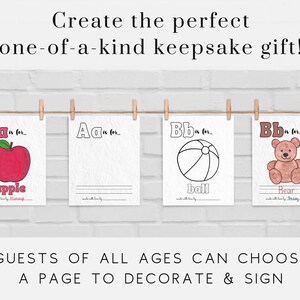 May include: Four printable pages with black and white illustrations of an apple, a ball, a bear, and the letter A. Each page has the letter A or B and the word for the image, with lines for guests to write their names.