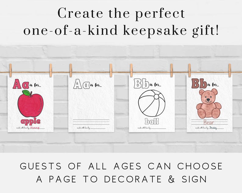 May include: Four printable pages with black and white illustrations of an apple, a ball, a bear, and the letter A. Each page has the letter A or B and the word for the image, with lines for guests to write their names.
