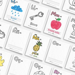 May include: A set of 10 printable alphabet flashcards featuring colourful illustrations and Spanish words. Each card features a letter of the alphabet, a corresponding image, and the Spanish word for the image. The words include: le&oacute;n, lluvia, llave, nido, pi&ntilde;a, pato, manzana, mono, oso.