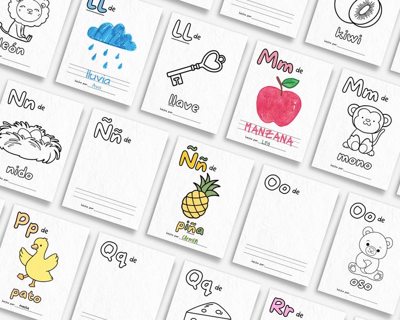 May include: A set of 10 printable alphabet flashcards featuring colourful illustrations and Spanish words. Each card features a letter of the alphabet, a corresponding image, and the Spanish word for the image. The words include: le&oacute;n, lluvia, llave, nido, pi&ntilde;a, pato, manzana, mono, oso.