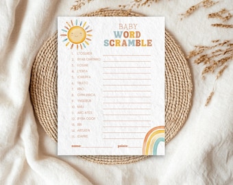 Boho Sun Baby Word Scramble Game with Answer Key, Printable Here Comes the Son Baby Shower Game, Little Ray of Sunshine Baby Shower Activity