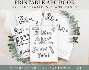 Spanish to English ABC Coloring Pages for Kids, Printable Baby Shower ABC Book Game, Spanish Worksheets, Gender Neutral Baby’s First Book