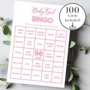 Rosa Schleife Baby Shower Bingo Spiel zum Ausdrucken, 100 vorausgefüllte Baby Bingokarten, Kokette Band Mädchen-Babyparty-Aktivität | Sofort Download PDF