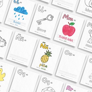 Pu&ograve; includere: Un set di 10 flashcard stampabili che presentano l'alfabeto spagnolo con illustrazioni di vari oggetti. Ogni carta ha una lettera, la parola per l'oggetto e uno spazio per un bambino per scrivere il suo nome.
