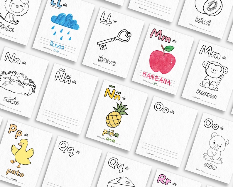 Pu&ograve; includere: Un set di 10 flashcard stampabili che presentano l'alfabeto spagnolo con illustrazioni di vari oggetti. Ogni carta ha una lettera, la parola per l'oggetto e uno spazio per un bambino per scrivere il suo nome.