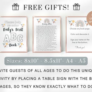 May include: Three printable signs for a baby shower activity. The first sign says "Please help us color Baby's First ABC Book". The second sign says "Drawing Ideas" and lists a variety of items to draw. The third sign says "Choose any book page. Color and decorate it. Sign your name on the line at the bottom. Thank you!" and features a rainbow with stars.