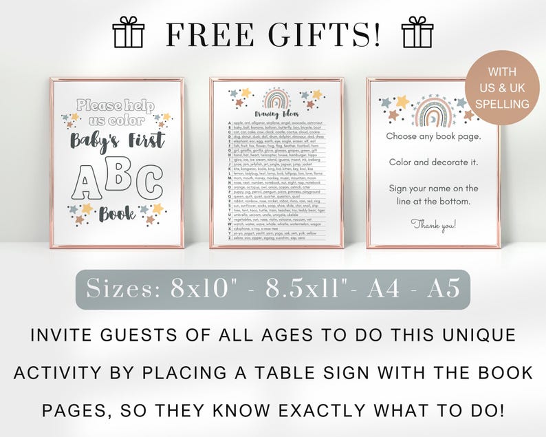 May include: Three printable signs for a baby shower activity. The first sign says "Please help us color Baby's First ABC Book". The second sign says "Drawing Ideas" and lists a variety of items to draw. The third sign says "Choose any book page. Color and decorate it. Sign your name on the line at the bottom. Thank you!" and features a rainbow with stars.