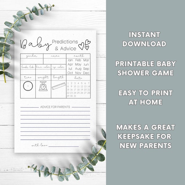 Baby Predictions & Advice Card, Printable Minimalist Baby Shower Game, Gender Neutral Baby Shower Activity, Advice For New Parents