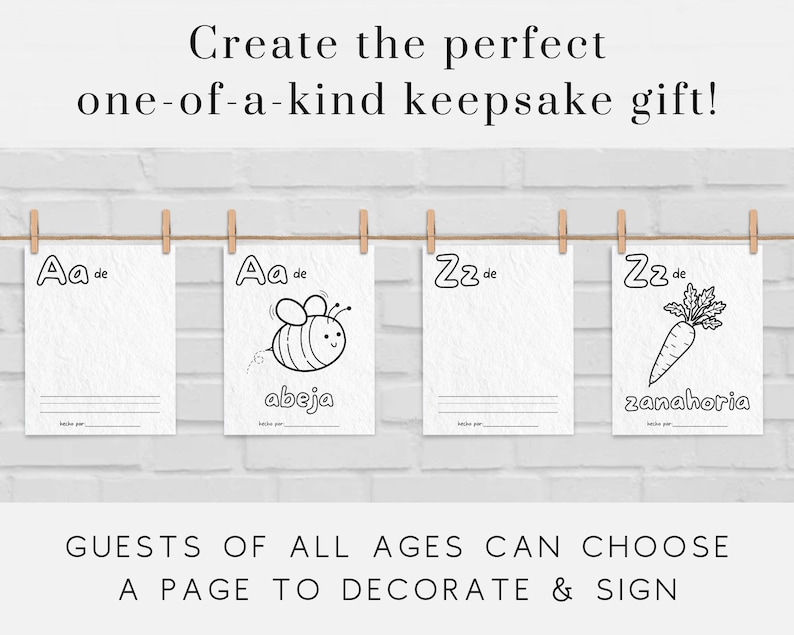 Pu&ograve; includere: Quattro pagine stampabili con illustrazioni in bianco e nero di un'ape, una carota e le lettere "Aa" e "Zz" in spagnolo. Le pagine sono progettate per essere colorate e firmate dagli ospiti come un regalo ricordo.