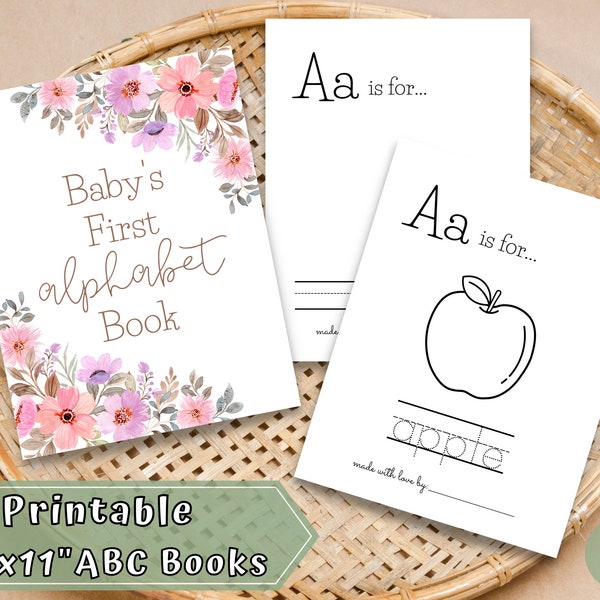 Floral Baby Shower ABC Book Game, Printable Baby First Alphabet Book, ABC Coloring Pages, 1st Birthday Gift, Baby Memory Book