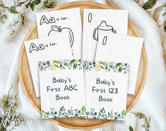 Eucalyptus Baby Shower ABC 123 Book with Blank & Illustrated Coloring Pages, Baby&#39;s First ABC and 123 Books, 1st Birthday Gift Keepsake, GR1