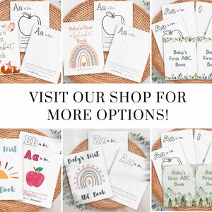 May include: A set of printable baby's first alphabet and number books. The books feature a variety of themes, including animals, rainbows, and apples. The text on the covers reads "Baby's First Alphabet Book", "Baby's First ABC Book", and "Baby's First 123 Book".