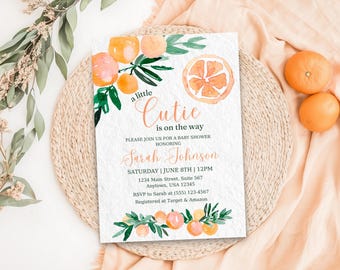 A Little Cutie Is On The Way Baby Shower Invitation, Editable Orange Baby Shower Invitation Template, Citrus Baby Shower Invite, ORG1