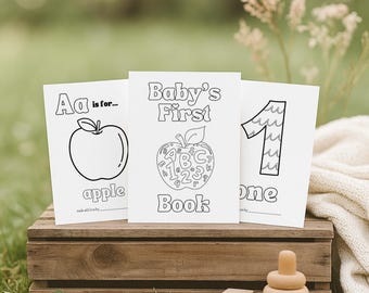Baby&#39;s First ABC 123 Book, Neutral Baby Shower Game Printable Alphabet Numbers Coloring Pages First Birthday Gift Guest Book Alternative A1
