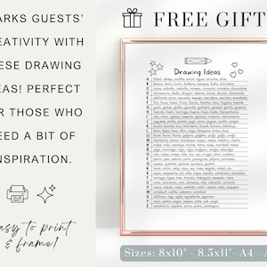 Pu&ograve; includere: Un grafico di idee di disegno stampabile con un alfabeto in bianco e nero che elenca parole per ogni lettera. Il grafico &egrave; incorniciato in una cornice bianca con un bordo rosa. Il testo "FREE GIFT!" &egrave; in cima al grafico. Il testo "Drawing Ideas" &egrave; in cima all'elenco. Il testo "Sizes: 8x10" - 8.5x11" - A4 - A5" &egrave; in fondo al grafico.
