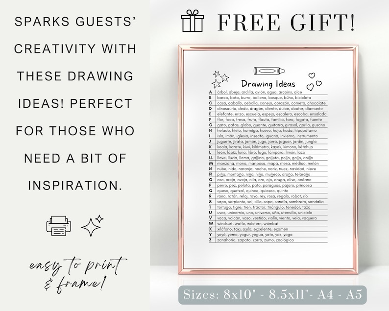 Pu&ograve; includere: Un grafico di idee di disegno stampabile con un alfabeto in bianco e nero che elenca parole per ogni lettera. Il grafico &egrave; incorniciato in una cornice bianca con un bordo rosa. Il testo "FREE GIFT!" &egrave; in cima al grafico. Il testo "Drawing Ideas" &egrave; in cima all'elenco. Il testo "Sizes: 8x10" - 8.5x11" - A4 - A5" &egrave; in fondo al grafico.