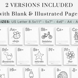 Pu&ograve; includere: Pagine da colorare stampabili in bianco e nero dell'alfabeto in spagnolo. Ogni pagina presenta una lettera dell'alfabeto, la parola corrispondente alla lettera e un'illustrazione. Le lettere sono in maiuscolo e minuscolo. Le illustrazioni includono un'ape, una bicicletta, una casa, un dinosauro, una stella, un fiore, un gatto, un cono gelato e un igloo.