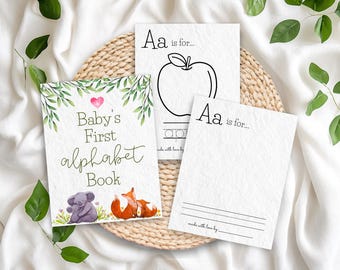 Woodland Animal Baby Shower ABC Book, Printable Baby Alphabet Book, Baby's First ABC Book Coloring Pages Activity, 1st Birthday Game, AN1