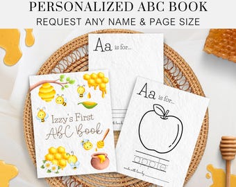 Personalized Honey Bee Baby Shower ABC Coloring Book, Printable Baby Alphabet Book Activity Game, Guest Book Idea, 1st Birthday Gift AN5