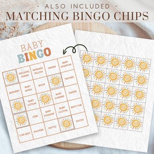 May include: A printable baby shower bingo card with a colourful sun design. The card features a 5x5 grid with squares containing baby-related items such as a rocking horse, nursing pillow, onesie, baby monitor, and teether. The card is designed for a baby shower game.