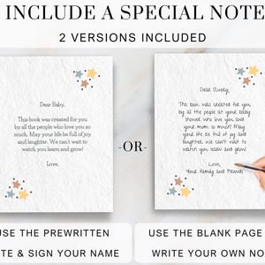 May include: Two versions of a blank note card with a handwritten message. The card is decorated with colorful stars. The text on the card reads "This book was created for you by all the people who love you so much. May your life be full of joy and laughter. We can't wait to watch you learn and grow! Love."