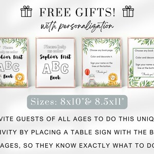 May include: Four printable signs with a jungle theme, featuring a lion and a hippo. The signs say "Please help us color Sophia's First ABC Book" and "Choose any book page. Color and decorate it. Sign your name on the lines at the bottom. Thank you!" The signs are 8x10 inches and 8.5x11 inches.