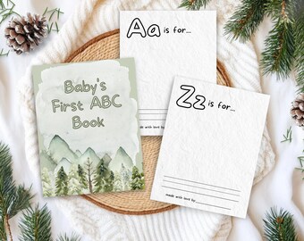 Juego de actividades con el abecedario para baby shower en el bosque invernal, páginas para colorear del primer abecedario para bebés, libro de visitas alternativo GR7