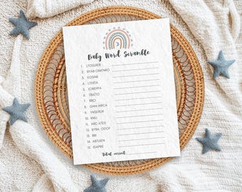 Boho Rainbow Baby Shower Word Scramble with Answer Key, Neutral Baby Shower Game, Printable Guess the Word Scramble Puzzle Activity, RB4