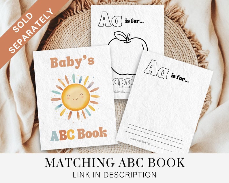 May include: A set of printable alphabet flashcards for babies. The flashcards feature a colourful sun with a smiling face and the text "Baby's ABC Book". The text "Aa is for..." and "Apple" is visible on the flashcards.