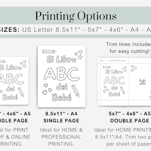 Pu&ograve; includere: Pagine da colorare stampabili in bianco e nero con la frase in spagnolo "El Libro ABC del Beb&eacute;" (Il libro ABC del bambino) con illustrazioni di un libro, stelle, cuori e matite colorate. Le pagine sono progettate per essere stampate in diverse dimensioni, tra cui A4 e A5.