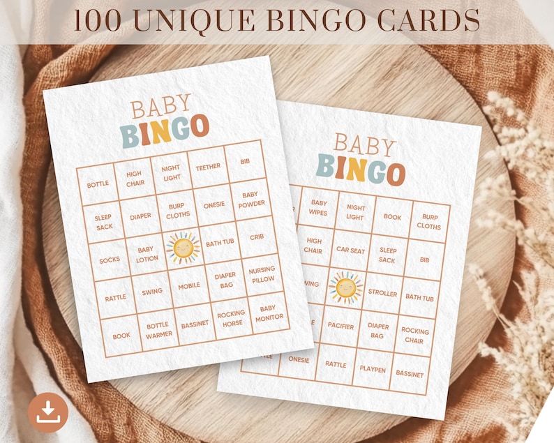 May include: Two printable baby bingo cards with a light blue and orange colour scheme. The cards feature a sun icon and the words "Baby Bingo" in a colourful font. The cards are filled with baby-related words like "bottle", "diaper", "onesie", and "rocking horse".