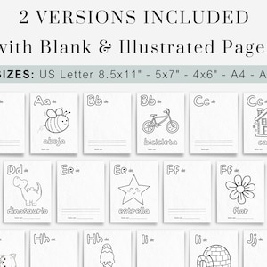 May include: Black and white printable alphabet colouring pages in Spanish. Each page features a letter of the alphabet, the word for the letter, and an illustration. The letters are in uppercase and lowercase. The illustrations include a bee, bicycle, house, dinosaur, star, flower, cat, ice cream cone, and an igloo.