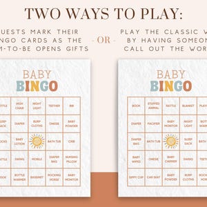 May include: Two printable baby bingo cards with a light blue and orange colour scheme. The cards feature a sun graphic and the words "Baby Bingo" in a retro font. The cards have a grid of 25 squares with baby-related words in each square.
