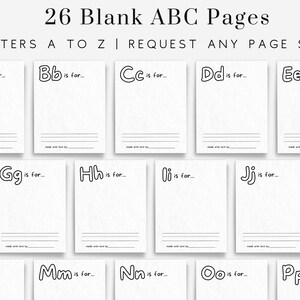 May include: A set of 26 printable alphabet pages for kids. Each page features a large letter of the alphabet with the phrase "is for..." and a blank space for drawing or writing.