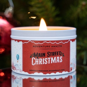 Main Street Christmas Disney Inspired Candle, Woodwick Candle, Hand Poured, Soy Blend, Christmas Tree Candle, Christmas Gift image 1