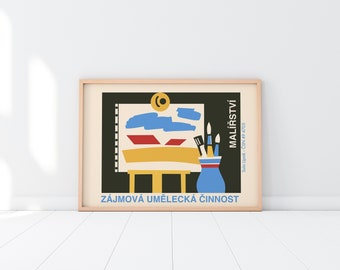 May include: A framed poster with a colorful illustration of an easel with paintbrushes in a blue vase. The text on the poster reads "ZÁJMOVÁ UMĚLECKÁ ČINNOST" and "MALÍŘSTVÍ".