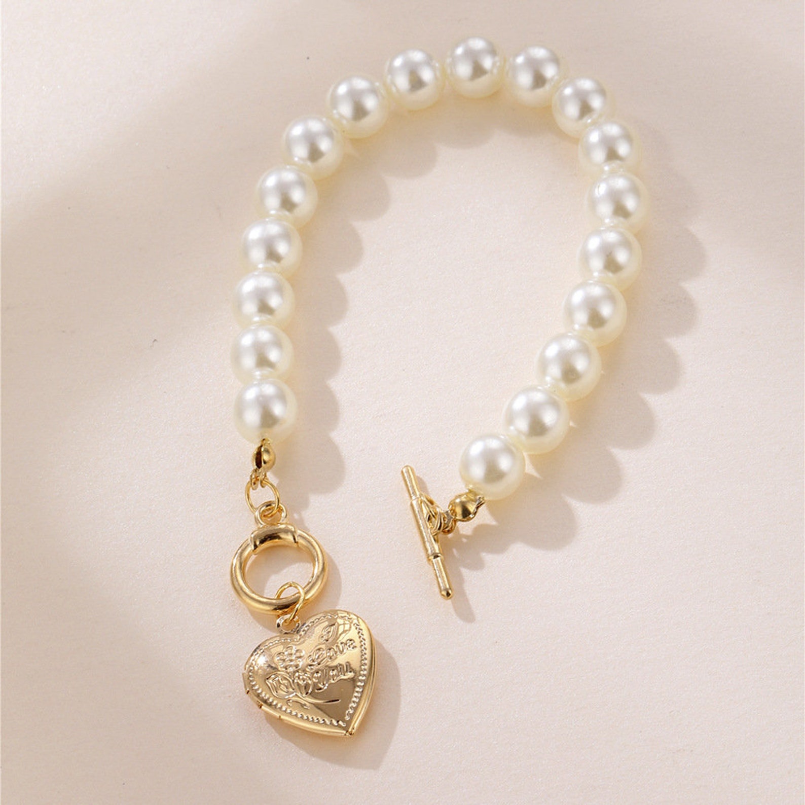 Pearl Heart Bracelet Pearl Bracelet With Heart Toggle Clasps - Etsy UK