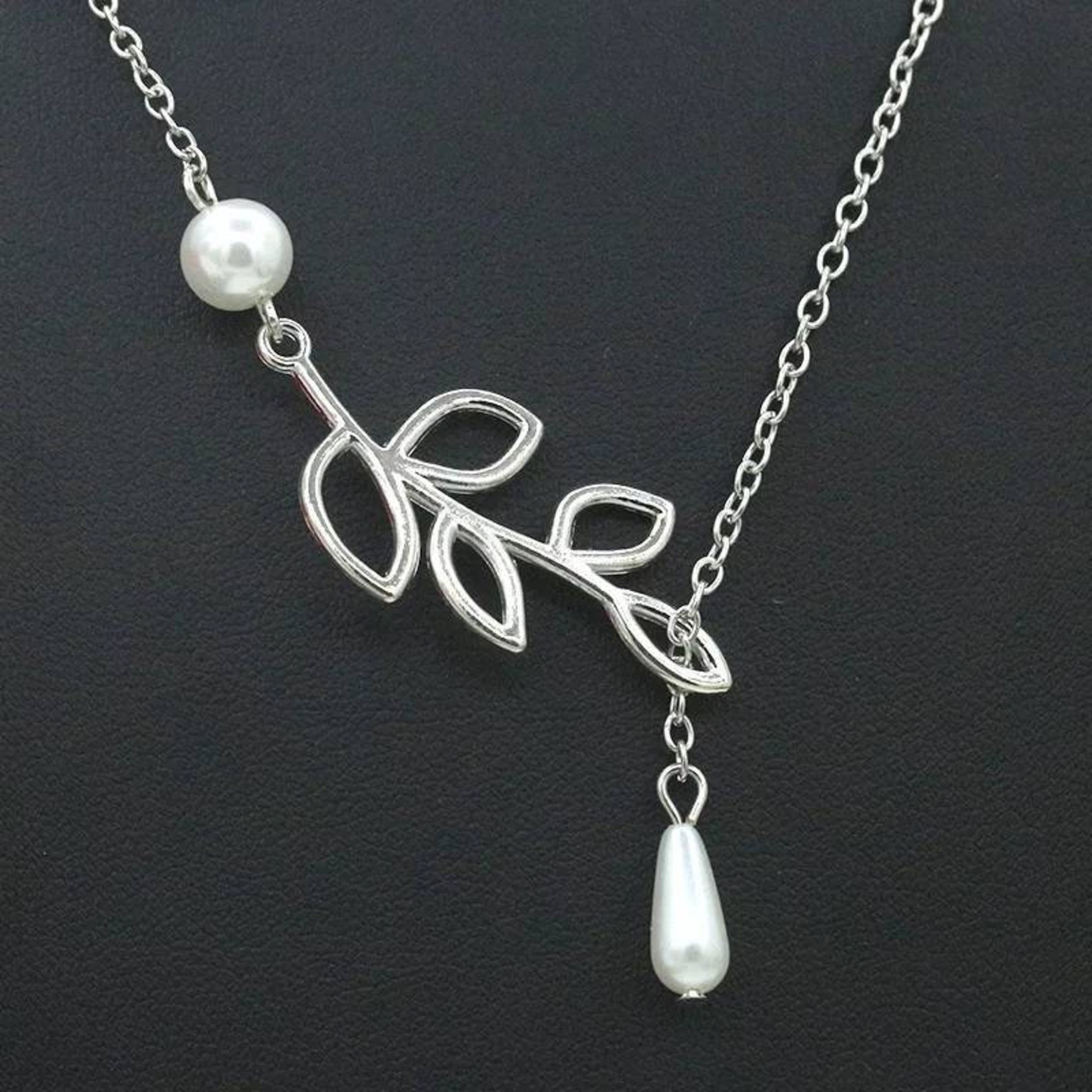 Leaf & Pearl Necklace Leaf and Pearl Lariat Necklace Etsy