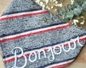 Bonjour French Dog Bandana, hand embroidered, handmade, emily in paris, gift, frenchie, dog accessories, dog lover, hello, chic, bougie