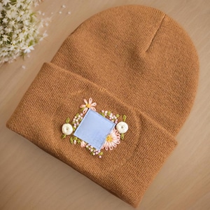 Embroidered Floral Knit Beanie, Women&#39;s Winter Hat, Hand embroidery