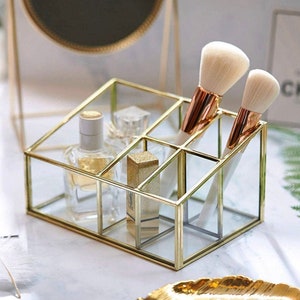 PuTwo Makeup Brush Holder Cosmetic Organizer Brass Glass Vintage Storage  with White Pearls, Golden 
