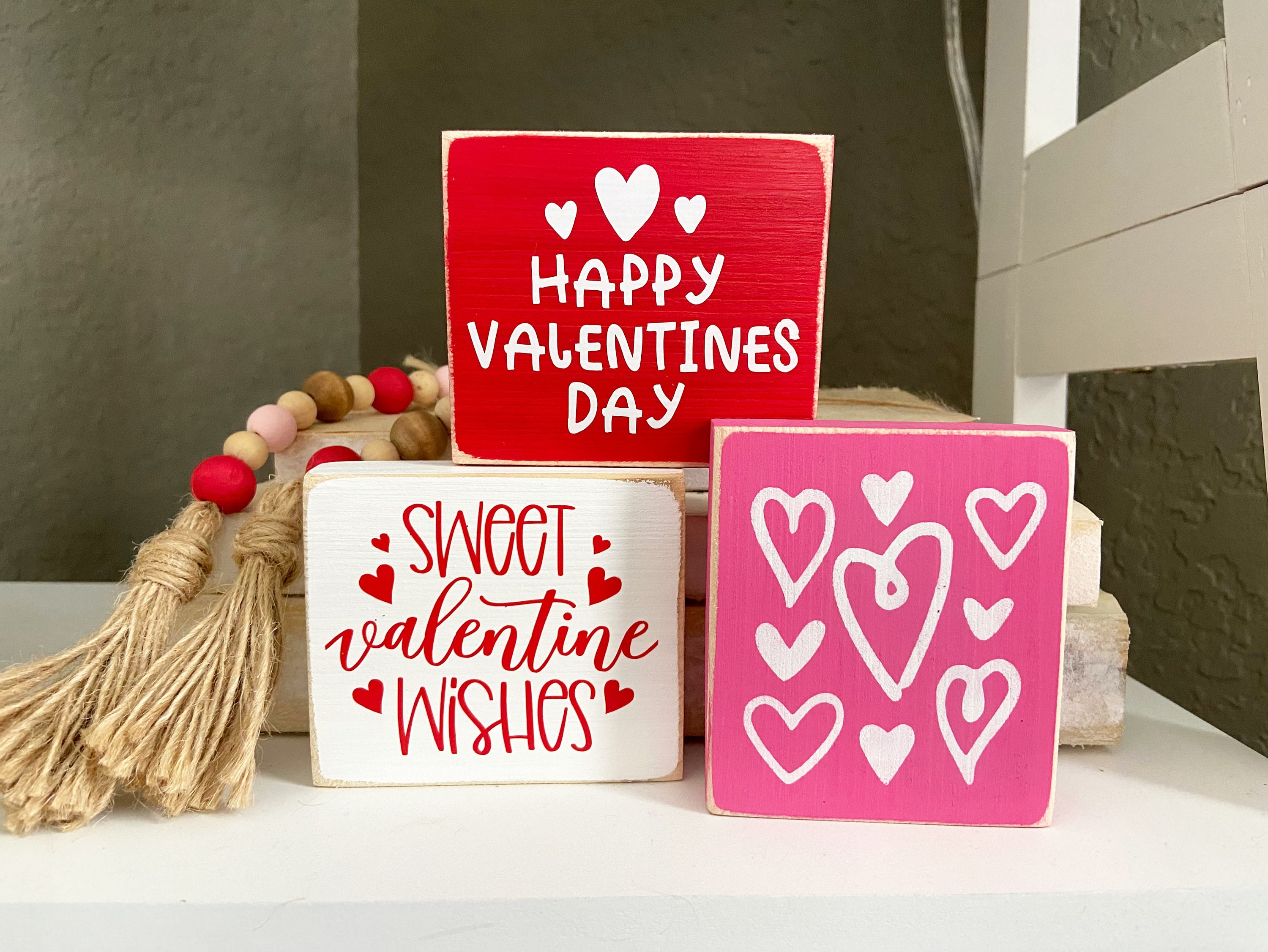 YouLoveIt Valentines Day Decor 3-layered Pink Red Heart Wood Block Valentines  Decorations Be mine Love Happy Sign Valentines Day Decorations 