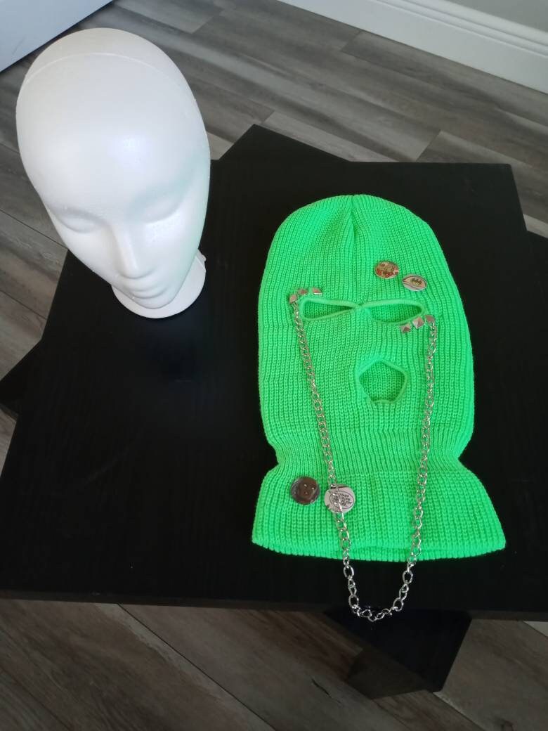 Neon green ski mask with chains and pins Etsy