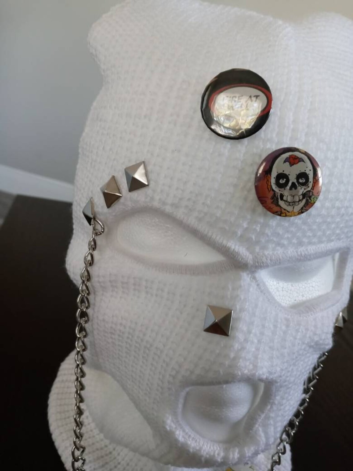 White ski mask with chains and pins Etsy