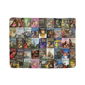 May include: A collage of book covers featuring a variety of titles from the Nancy Drew mystery series. The covers feature illustrations of young women in various settings, including a spooky house, a forest, and a boat. The titles include "The Hidden Staircase", "The Bungalow Mystery", "The Password to Larkspur Lane", "The Mystery at the  Red Gate Farm", "The Secret of the Old Clock", "The Clue of the Crumbling Wall", "The Clue in the Old Stagecoach", "The Quest of the Missing Map", "The Haunted Showboat", and "The Mystery of the  Bound Trunk".