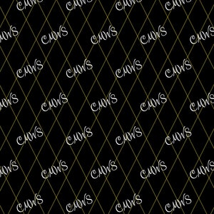 Puede incluir: Un fondo negro con un patrón repetitivo de texto blanco que dice "CMWS" y finas líneas diagonales amarillas.